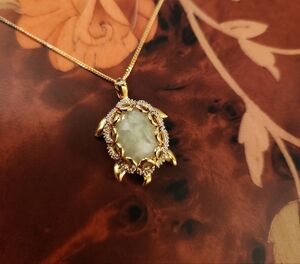 JTV Green Jadeite With Diamond Accent 18K Gold Over Silver Turtle Pendant/chain